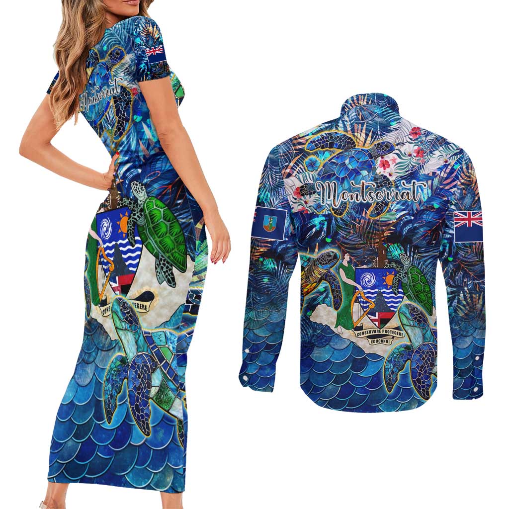 Montserrat Couples Matching Short Sleeve Bodycon Dress and Long Sleeve Button Shirt Sea Turtle Tropical Pattern