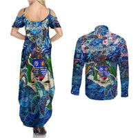 Montserrat Couples Matching Summer Maxi Dress and Long Sleeve Button Shirt Sea Turtle Tropical Pattern