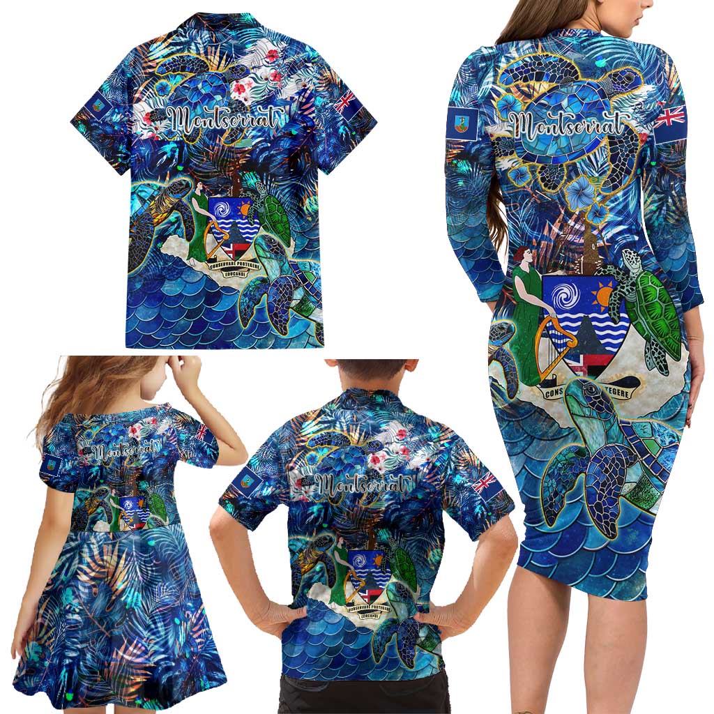 Montserrat Family Matching Long Sleeve Bodycon Dress and Hawaiian Shirt Sea Turtle Tropical Pattern