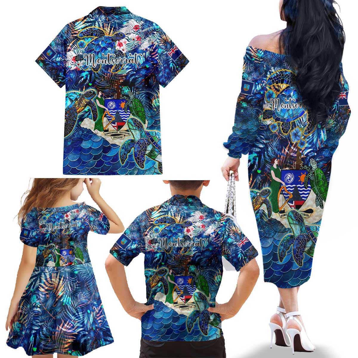 Montserrat Family Matching Off The Shoulder Long Sleeve Dress and Hawaiian Shirt Sea Turtle Tropical Pattern