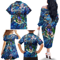 Montserrat Family Matching Off The Shoulder Long Sleeve Dress and Hawaiian Shirt Sea Turtle Tropical Pattern