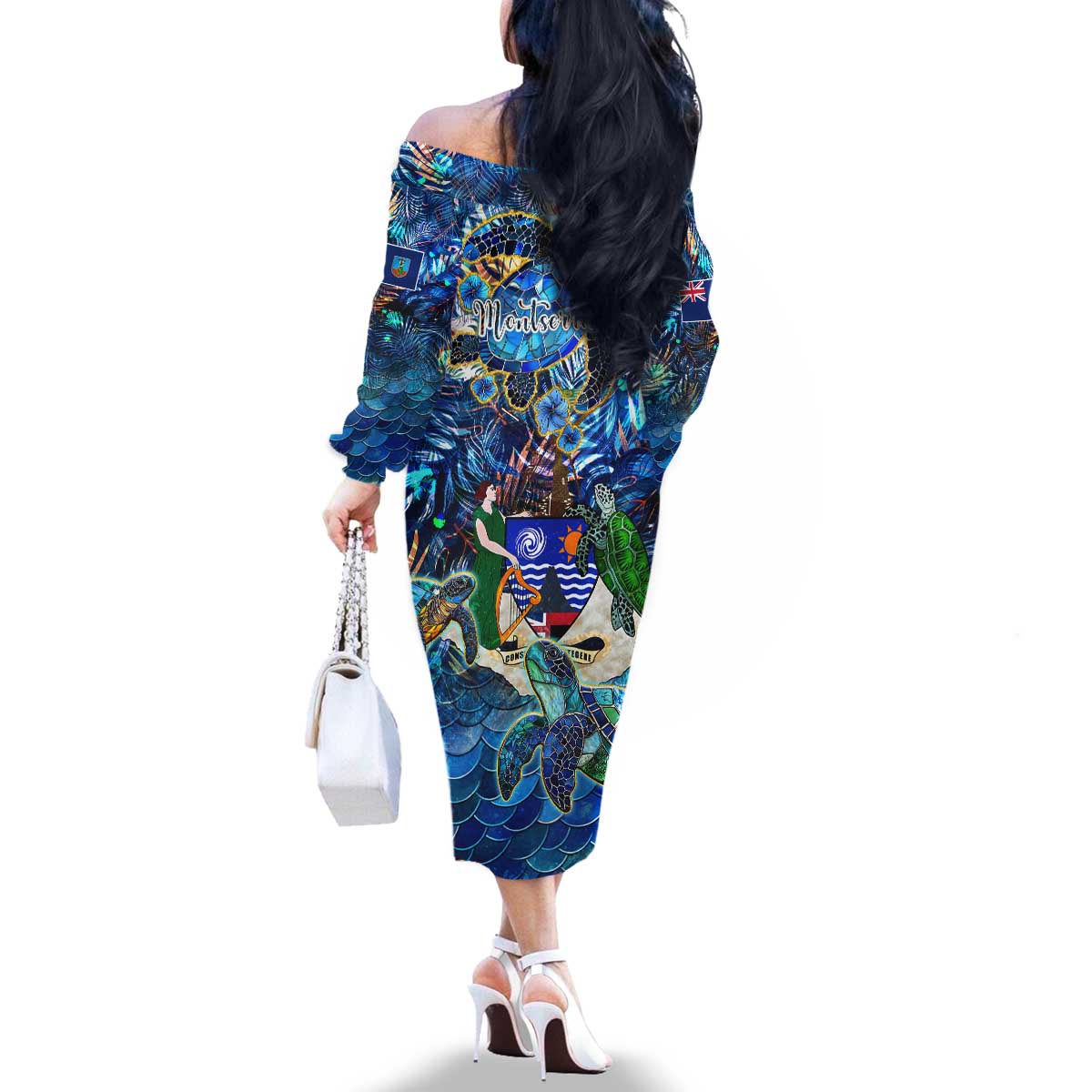 Montserrat Family Matching Off The Shoulder Long Sleeve Dress and Hawaiian Shirt Sea Turtle Tropical Pattern