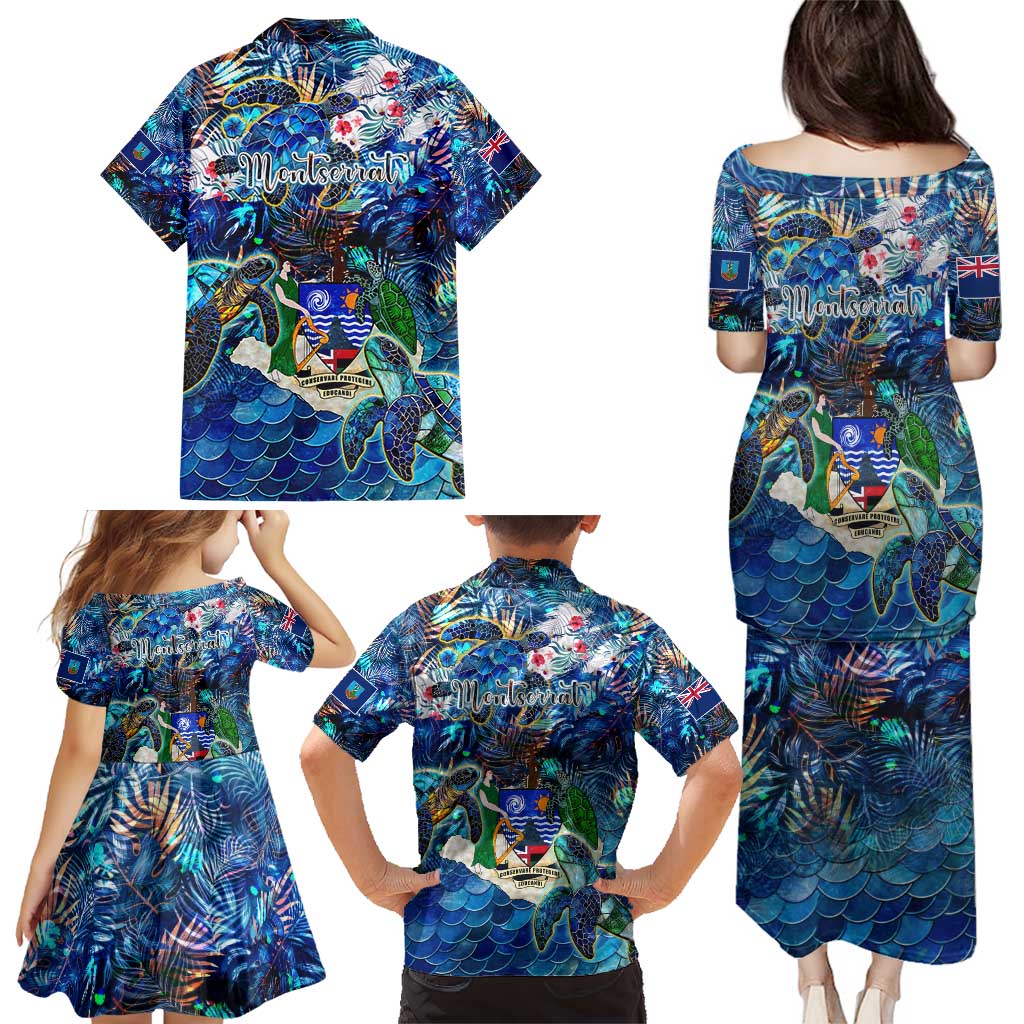 Montserrat Family Matching Puletasi and Hawaiian Shirt Sea Turtle Tropical Pattern