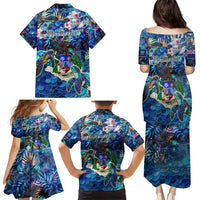 Montserrat Family Matching Puletasi and Hawaiian Shirt Sea Turtle Tropical Pattern