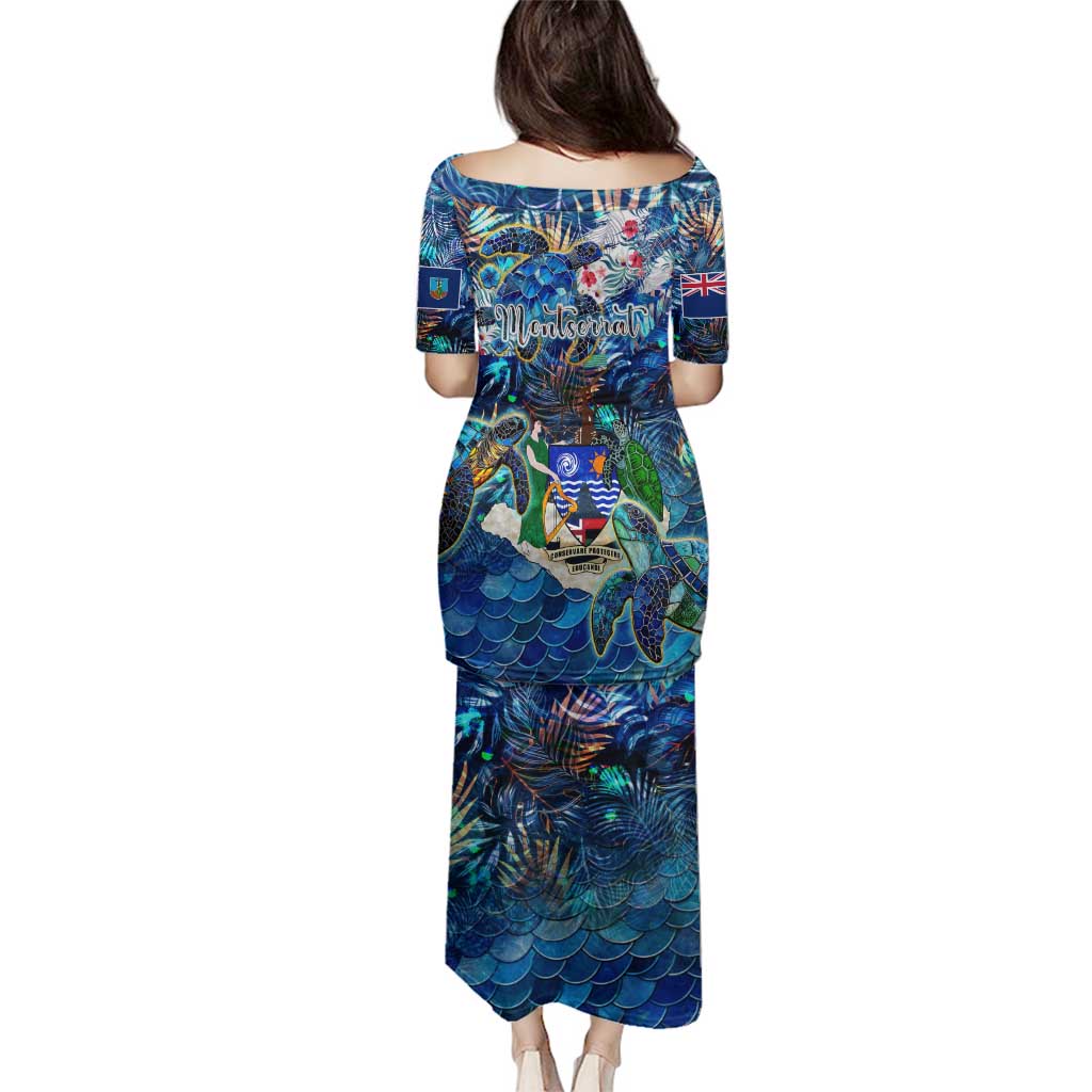 Montserrat Family Matching Puletasi and Hawaiian Shirt Sea Turtle Tropical Pattern