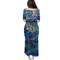 Montserrat Family Matching Puletasi and Hawaiian Shirt Sea Turtle Tropical Pattern