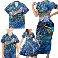 Montserrat Family Matching Short Sleeve Bodycon Dress and Hawaiian Shirt Sea Turtle Tropical Pattern - Wonder Print Shop