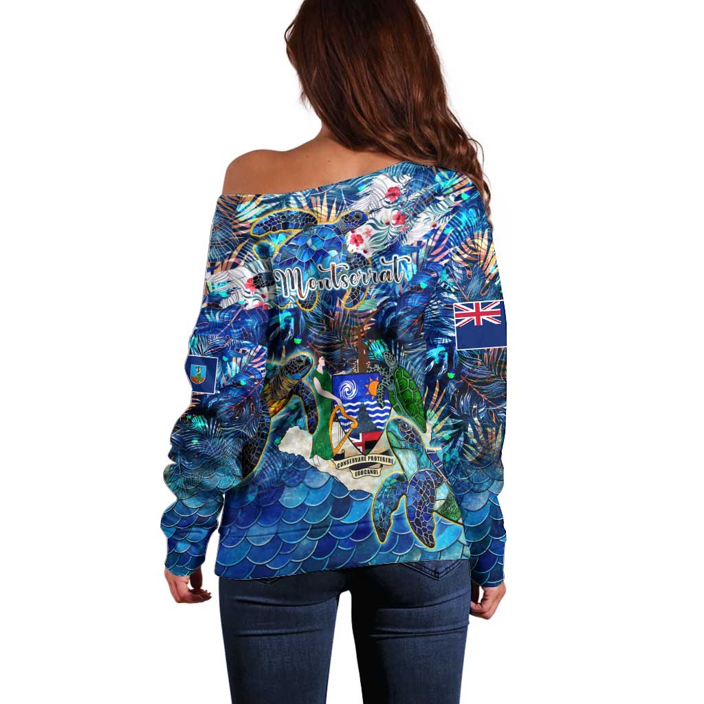 Montserrat Off Shoulder Sweater Sea Turtle Tropical Pattern - Wonder Print Shop