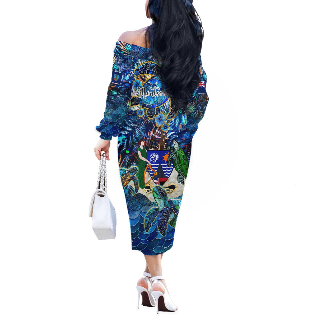 Montserrat Off The Shoulder Long Sleeve Dress Sea Turtle Tropical Pattern - Wonder Print Shop