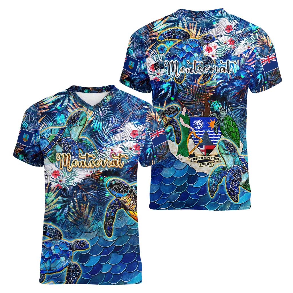 Montserrat Women V-Neck T-Shirt Sea Turtle Tropical Pattern - Wonder Print Shop