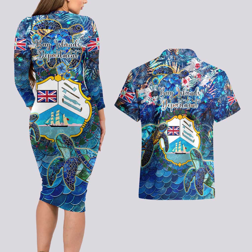 Bay Islands Department Couples Matching Long Sleeve Bodycon Dress and Hawaiian Shirt Sea Turtle Tropical Pattern