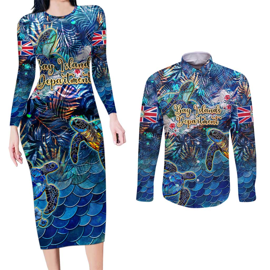 Bay Islands Department Couples Matching Long Sleeve Bodycon Dress and Long Sleeve Button Shirt Sea Turtle Tropical Pattern
