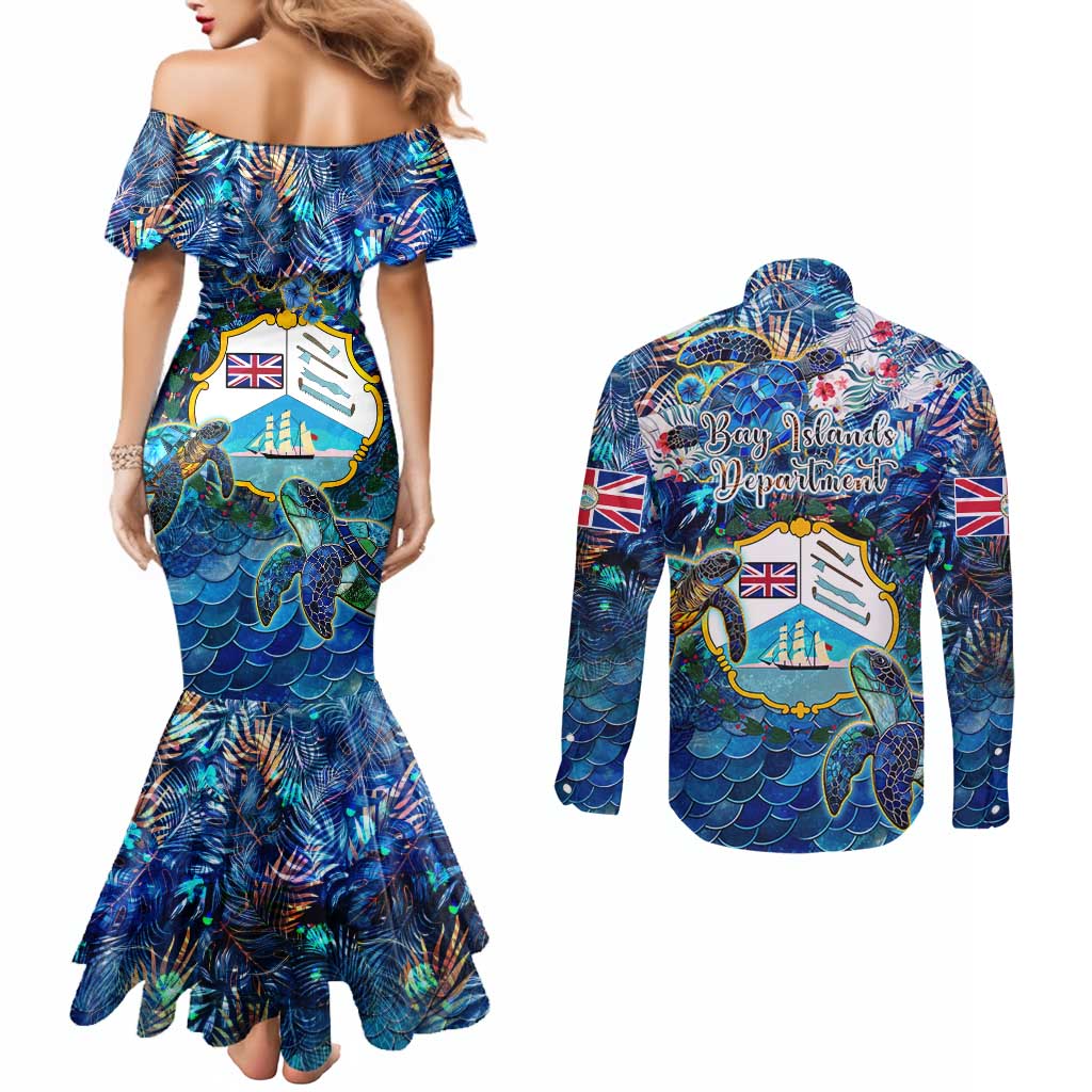 Bay Islands Department Couples Matching Mermaid Dress and Long Sleeve Button Shirt Sea Turtle Tropical Pattern