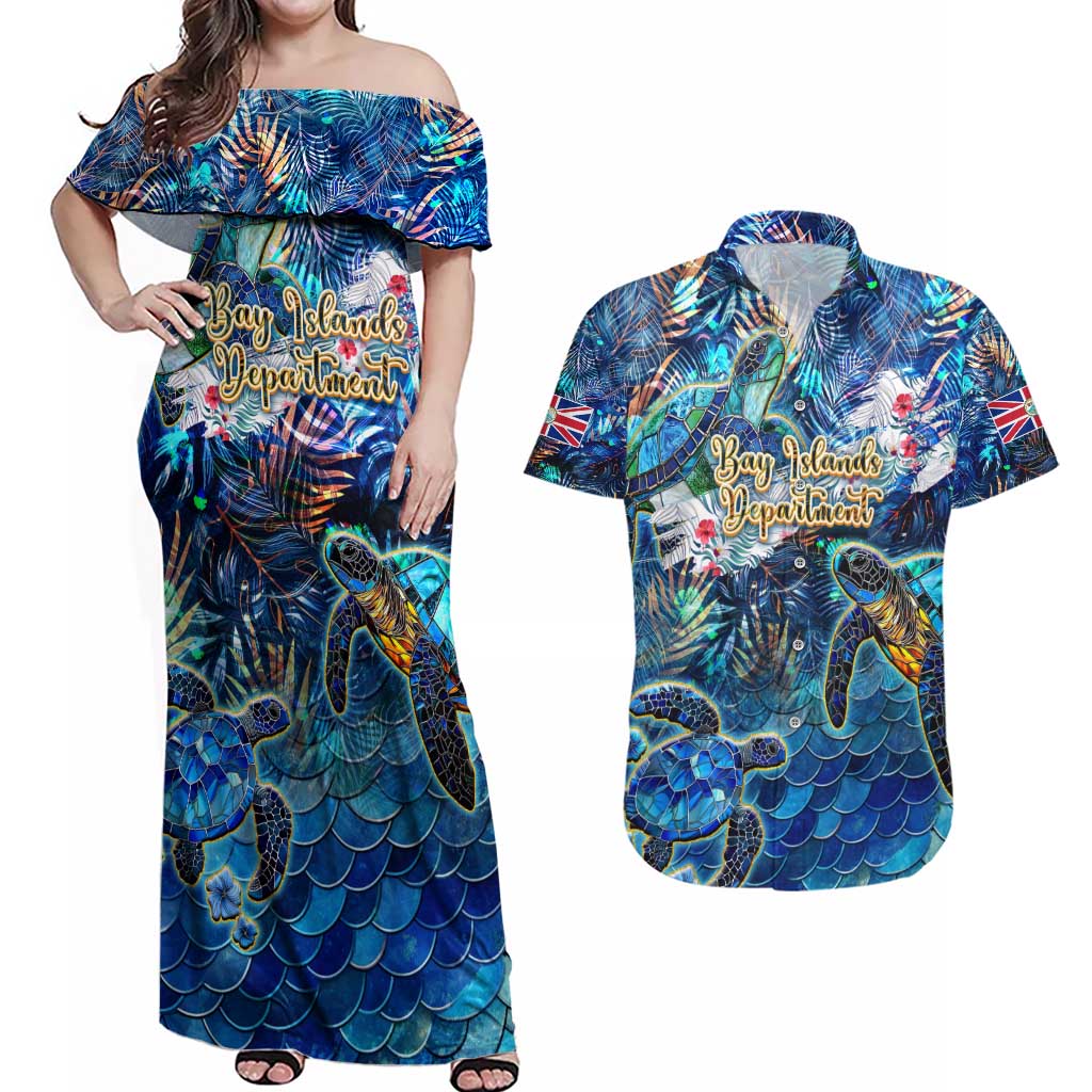 Bay Islands Department Couples Matching Off Shoulder Maxi Dress and Hawaiian Shirt Sea Turtle Tropical Pattern