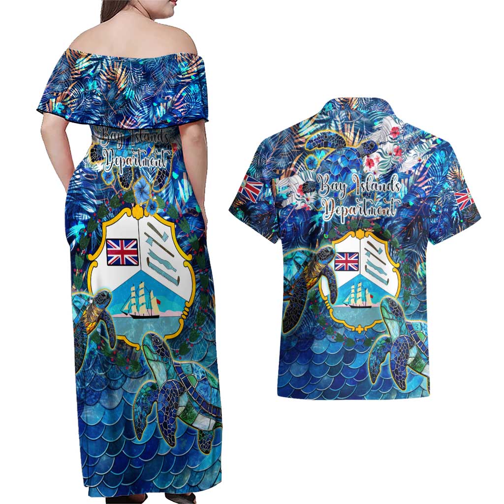Bay Islands Department Couples Matching Off Shoulder Maxi Dress and Hawaiian Shirt Sea Turtle Tropical Pattern