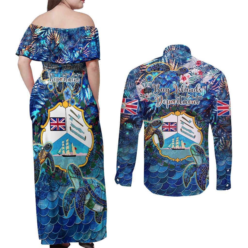 Bay Islands Department Couples Matching Off Shoulder Maxi Dress and Long Sleeve Button Shirt Sea Turtle Tropical Pattern