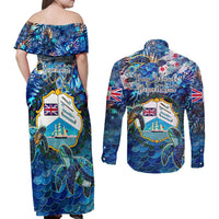 Bay Islands Department Couples Matching Off Shoulder Maxi Dress and Long Sleeve Button Shirt Sea Turtle Tropical Pattern