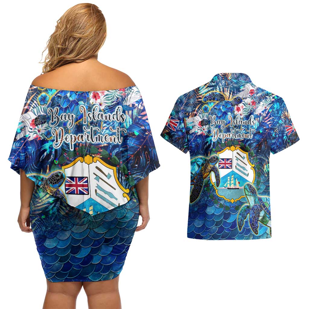 Bay Islands Department Couples Matching Off Shoulder Short Dress and Hawaiian Shirt Sea Turtle Tropical Pattern