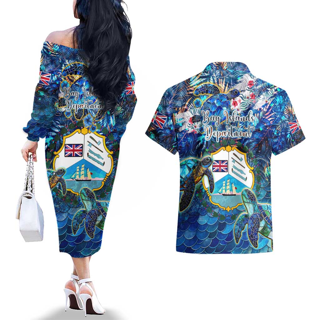 Bay Islands Department Couples Matching Off The Shoulder Long Sleeve Dress and Hawaiian Shirt Sea Turtle Tropical Pattern