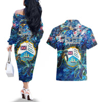 Bay Islands Department Couples Matching Off The Shoulder Long Sleeve Dress and Hawaiian Shirt Sea Turtle Tropical Pattern