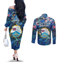 Bay Islands Department Couples Matching Off The Shoulder Long Sleeve Dress and Long Sleeve Button Shirt Sea Turtle Tropical Pattern