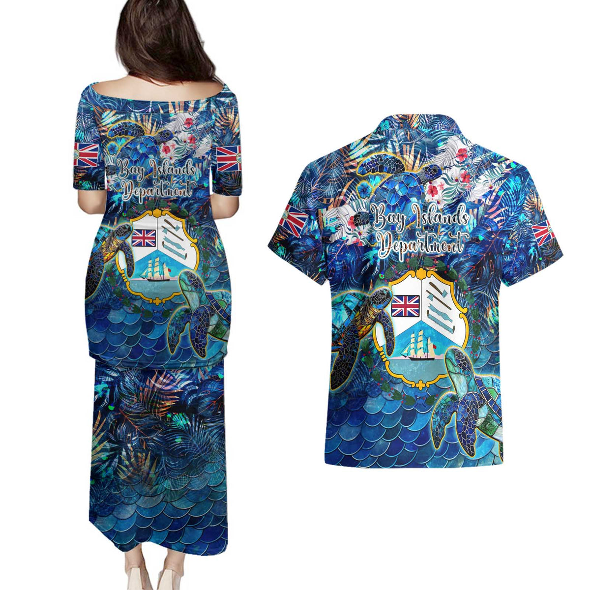 Bay Islands Department Couples Matching Puletasi and Hawaiian Shirt Sea Turtle Tropical Pattern