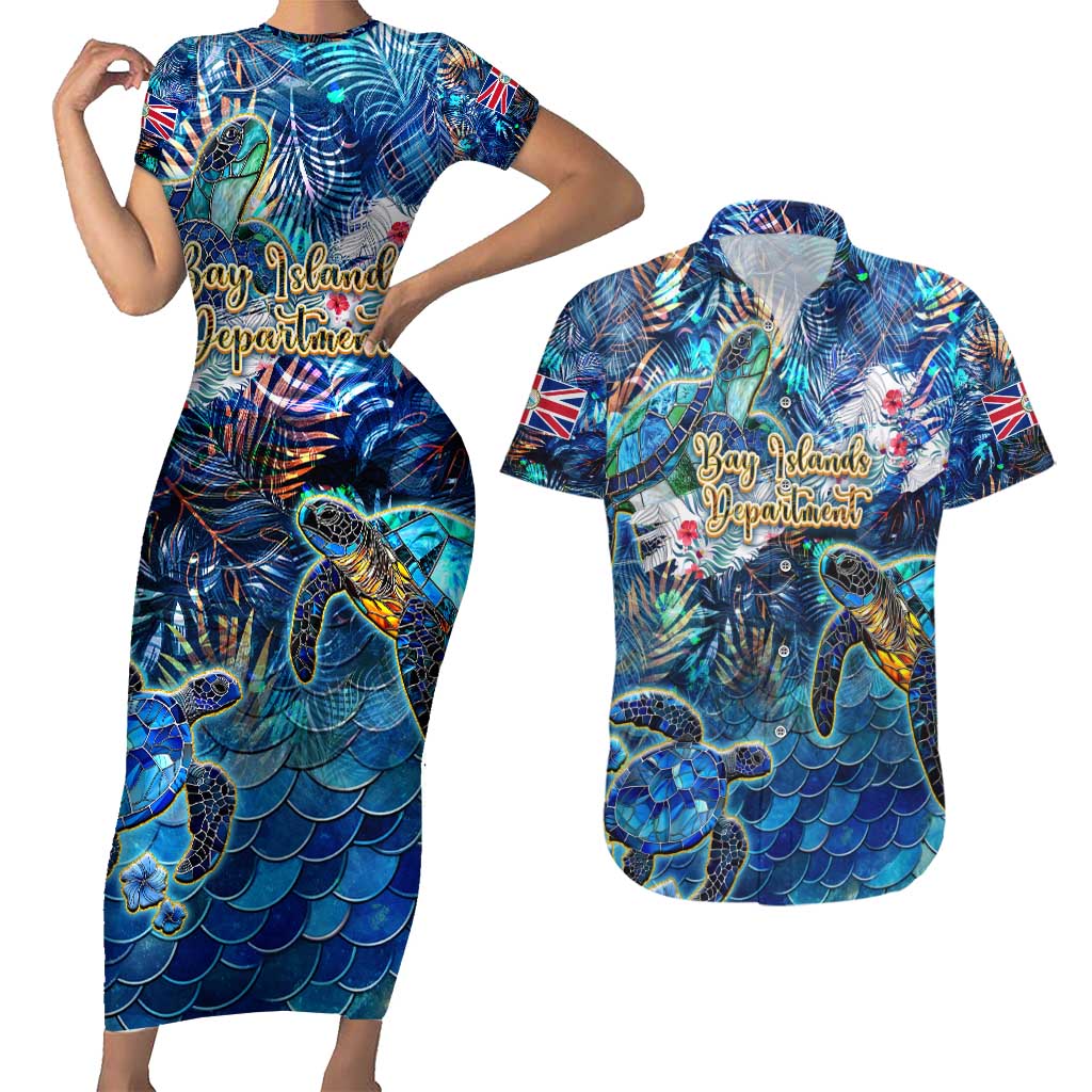 Bay Islands Department Couples Matching Short Sleeve Bodycon Dress and Hawaiian Shirt Sea Turtle Tropical Pattern