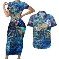 Bay Islands Department Couples Matching Short Sleeve Bodycon Dress and Hawaiian Shirt Sea Turtle Tropical Pattern