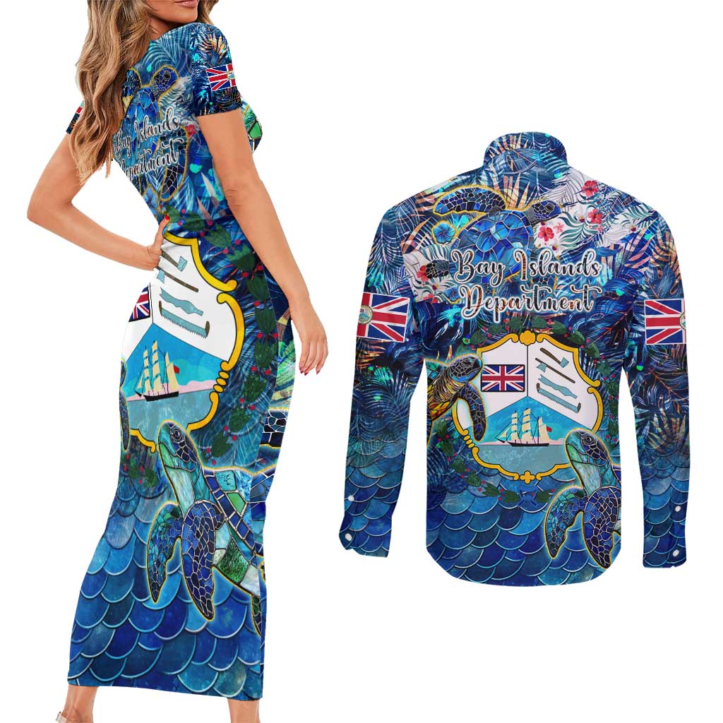 Bay Islands Department Couples Matching Short Sleeve Bodycon Dress and Long Sleeve Button Shirt Sea Turtle Tropical Pattern
