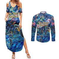 Bay Islands Department Couples Matching Summer Maxi Dress and Long Sleeve Button Shirt Sea Turtle Tropical Pattern