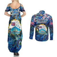 Bay Islands Department Couples Matching Summer Maxi Dress and Long Sleeve Button Shirt Sea Turtle Tropical Pattern