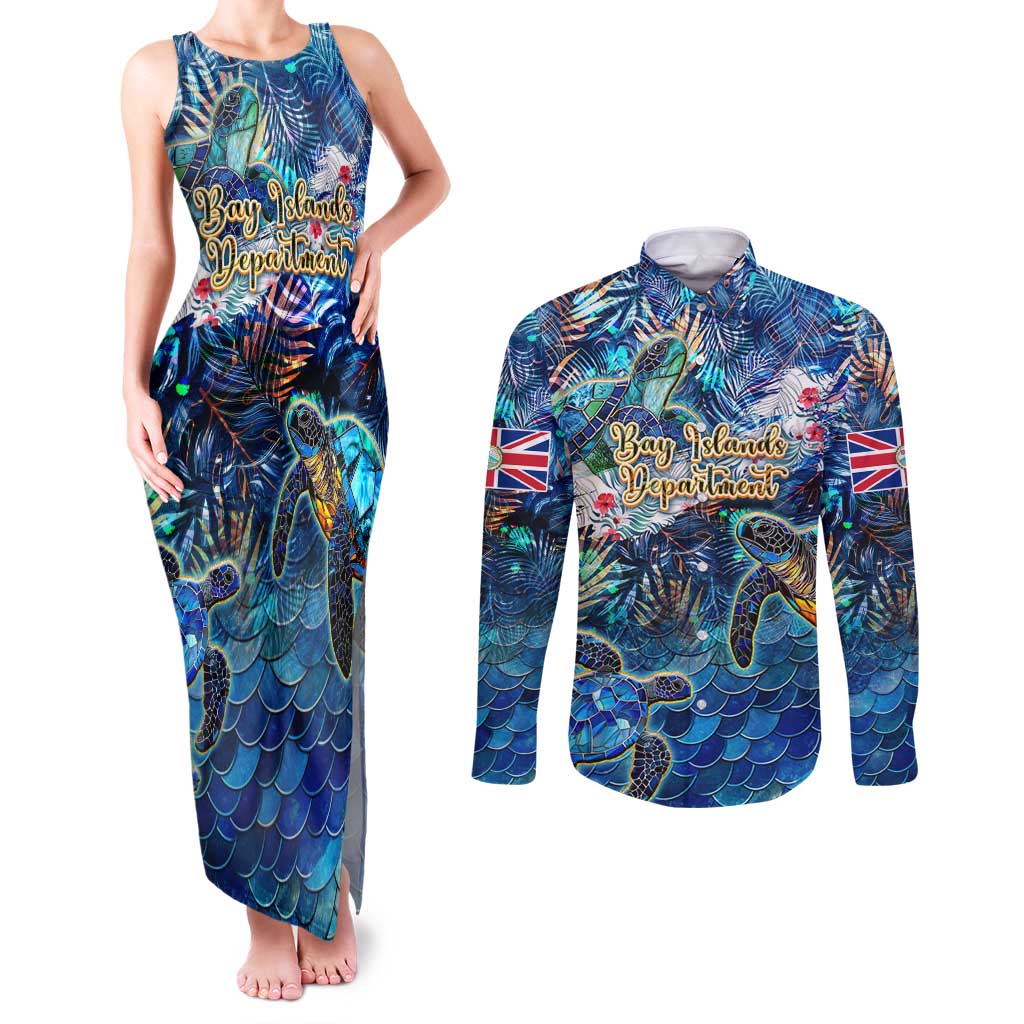 Bay Islands Department Couples Matching Tank Maxi Dress and Long Sleeve Button Shirt Sea Turtle Tropical Pattern