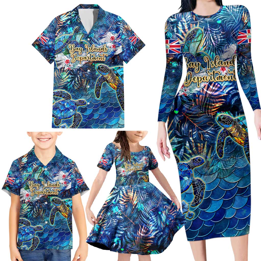Bay Islands Department Family Matching Long Sleeve Bodycon Dress and Hawaiian Shirt Sea Turtle Tropical Pattern