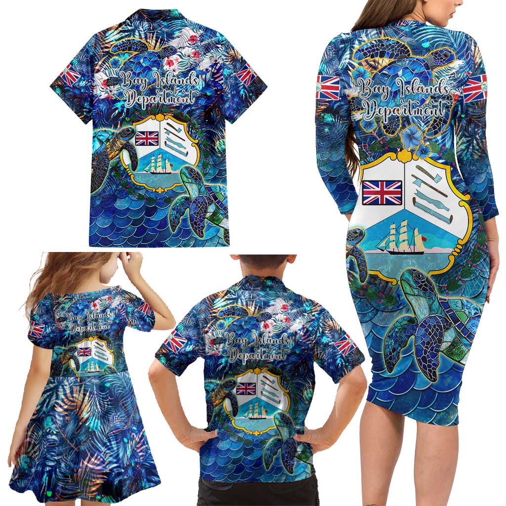Bay Islands Department Family Matching Long Sleeve Bodycon Dress and Hawaiian Shirt Sea Turtle Tropical Pattern