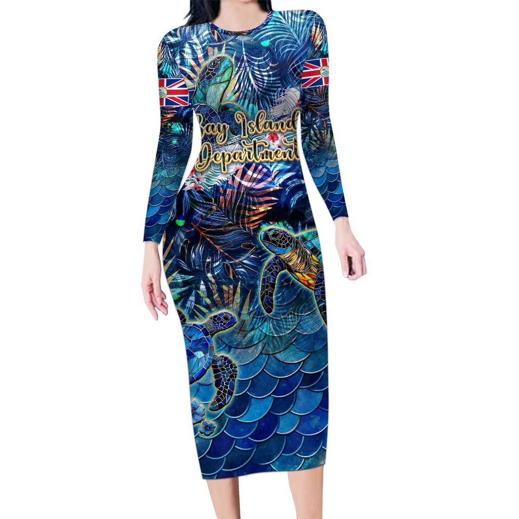 Bay Islands Department Family Matching Long Sleeve Bodycon Dress and Hawaiian Shirt Sea Turtle Tropical Pattern
