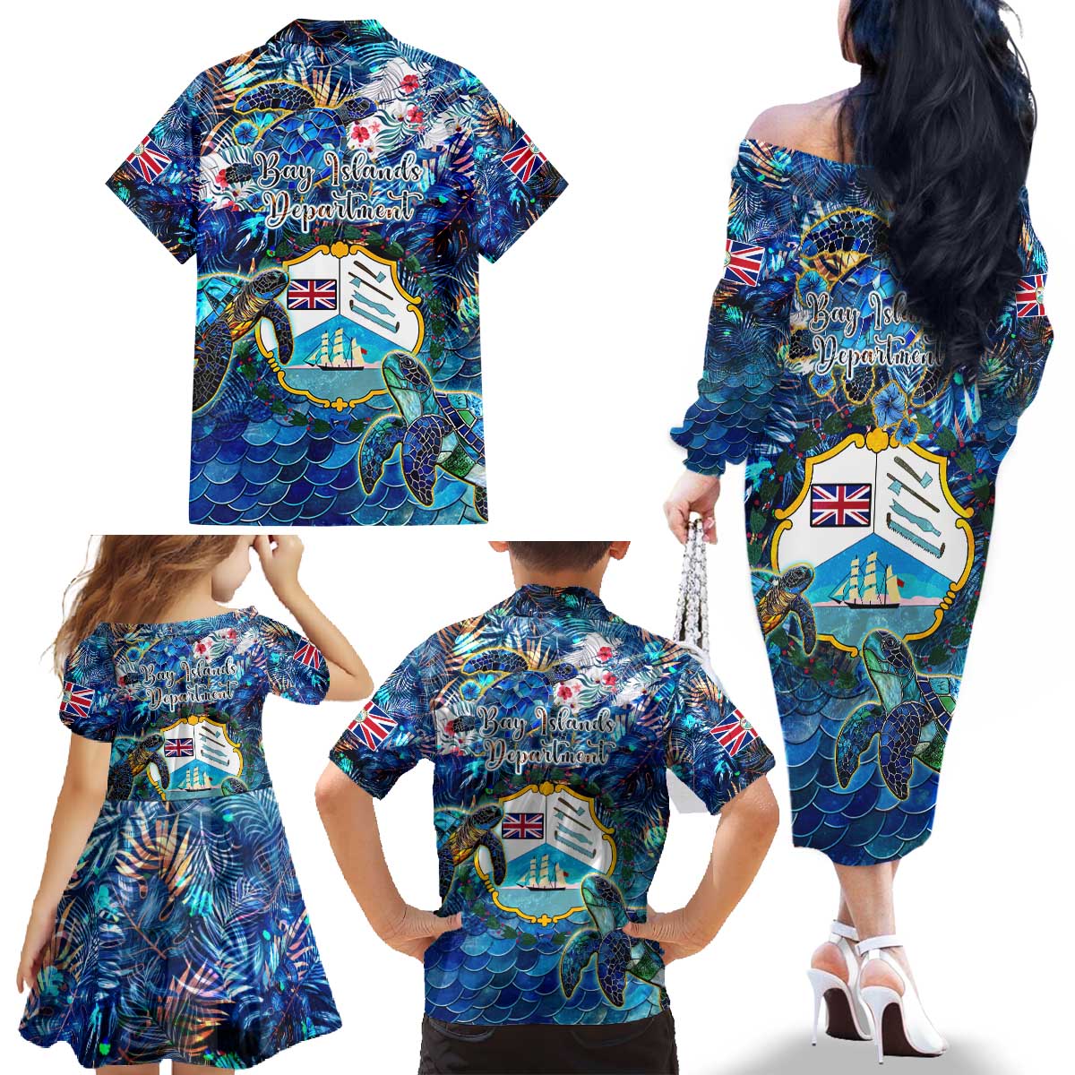 Bay Islands Department Family Matching Off The Shoulder Long Sleeve Dress and Hawaiian Shirt Sea Turtle Tropical Pattern