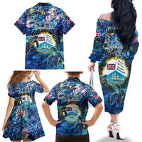 Bay Islands Department Family Matching Off The Shoulder Long Sleeve Dress and Hawaiian Shirt Sea Turtle Tropical Pattern