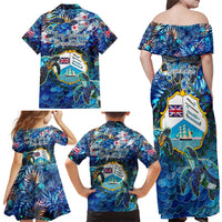 Bay Islands Department Family Matching Off Shoulder Maxi Dress and Hawaiian Shirt Sea Turtle Tropical Pattern