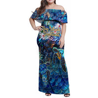 Bay Islands Department Family Matching Off Shoulder Maxi Dress and Hawaiian Shirt Sea Turtle Tropical Pattern