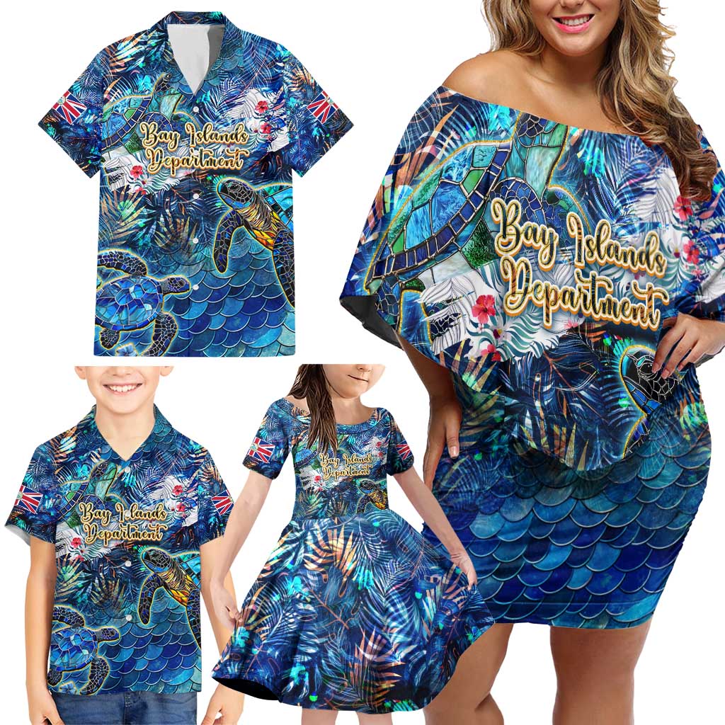 Bay Islands Department Family Matching Off Shoulder Short Dress and Hawaiian Shirt Sea Turtle Tropical Pattern - Wonder Print Shop