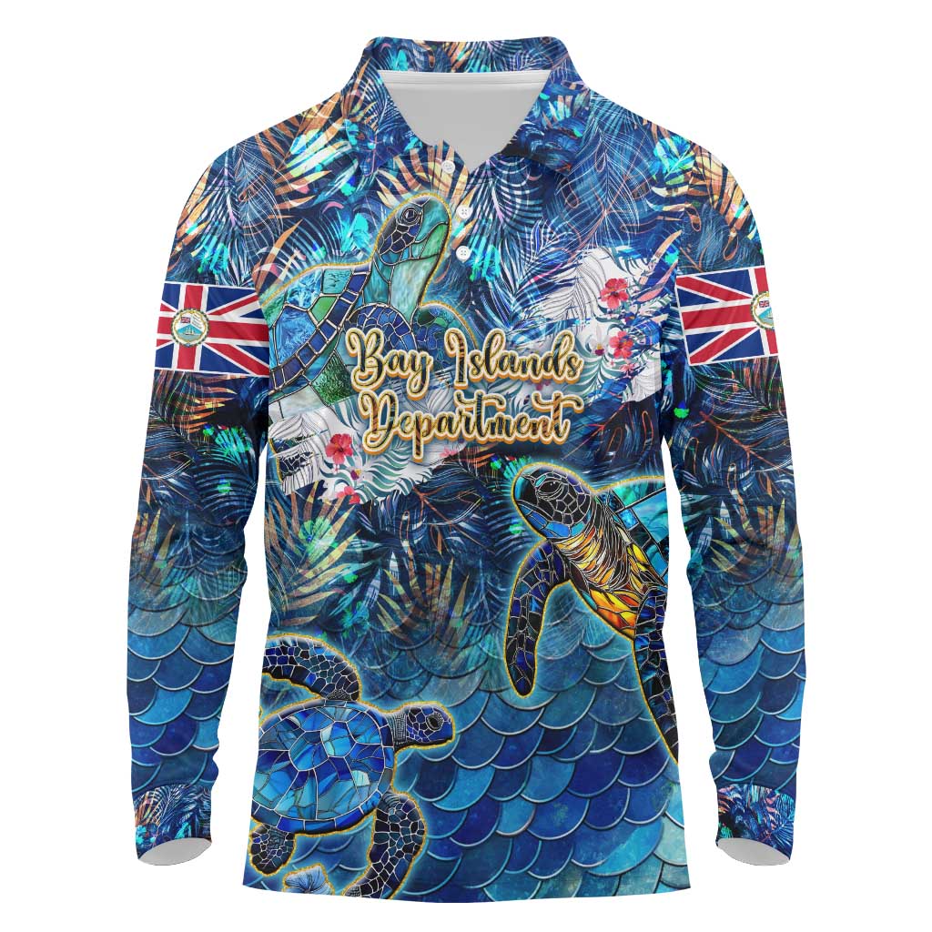 Bay Islands Department Long Sleeve Polo Shirt Sea Turtle Tropical Pattern - Wonder Print Shop
