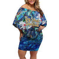 Bay Islands Department Off Shoulder Short Dress Sea Turtle Tropical Pattern - Wonder Print Shop