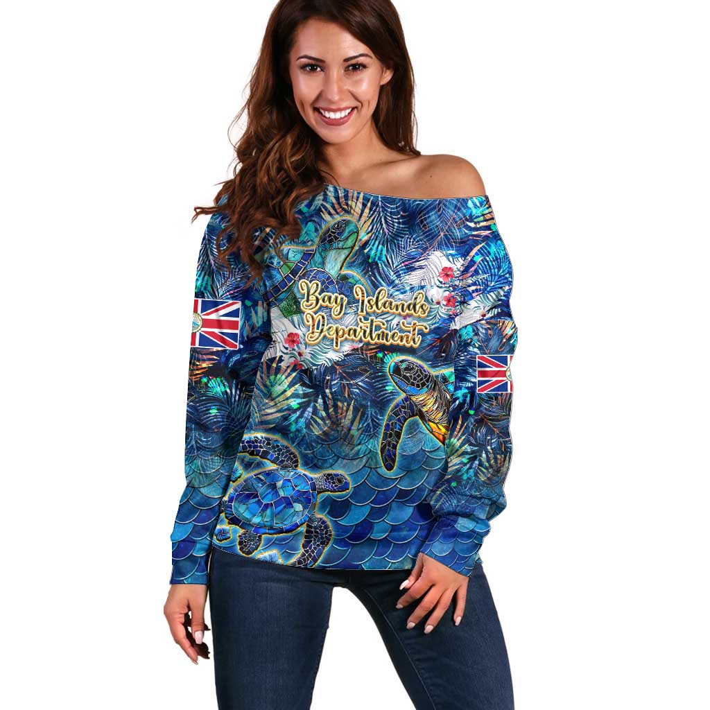 Bay Islands Department Off Shoulder Sweater Sea Turtle Tropical Pattern - Wonder Print Shop