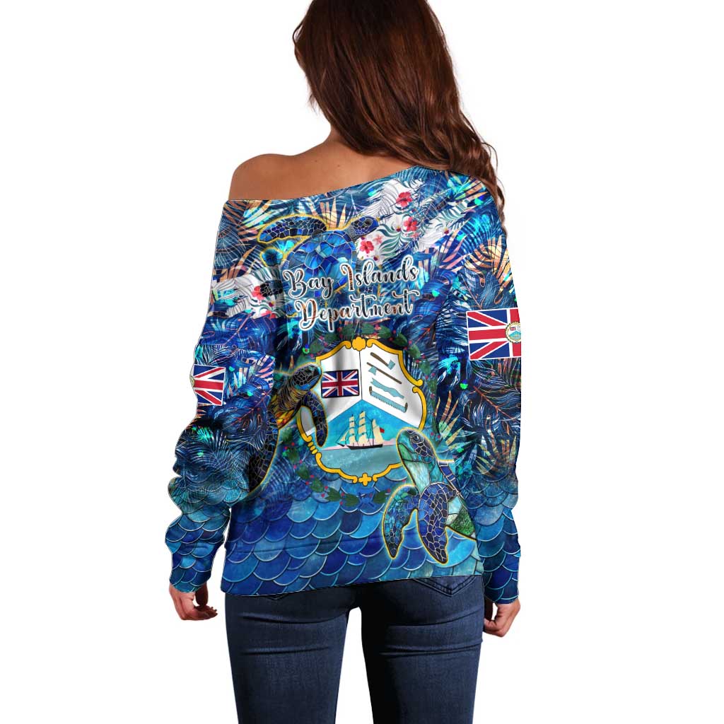 Bay Islands Department Off Shoulder Sweater Sea Turtle Tropical Pattern - Wonder Print Shop