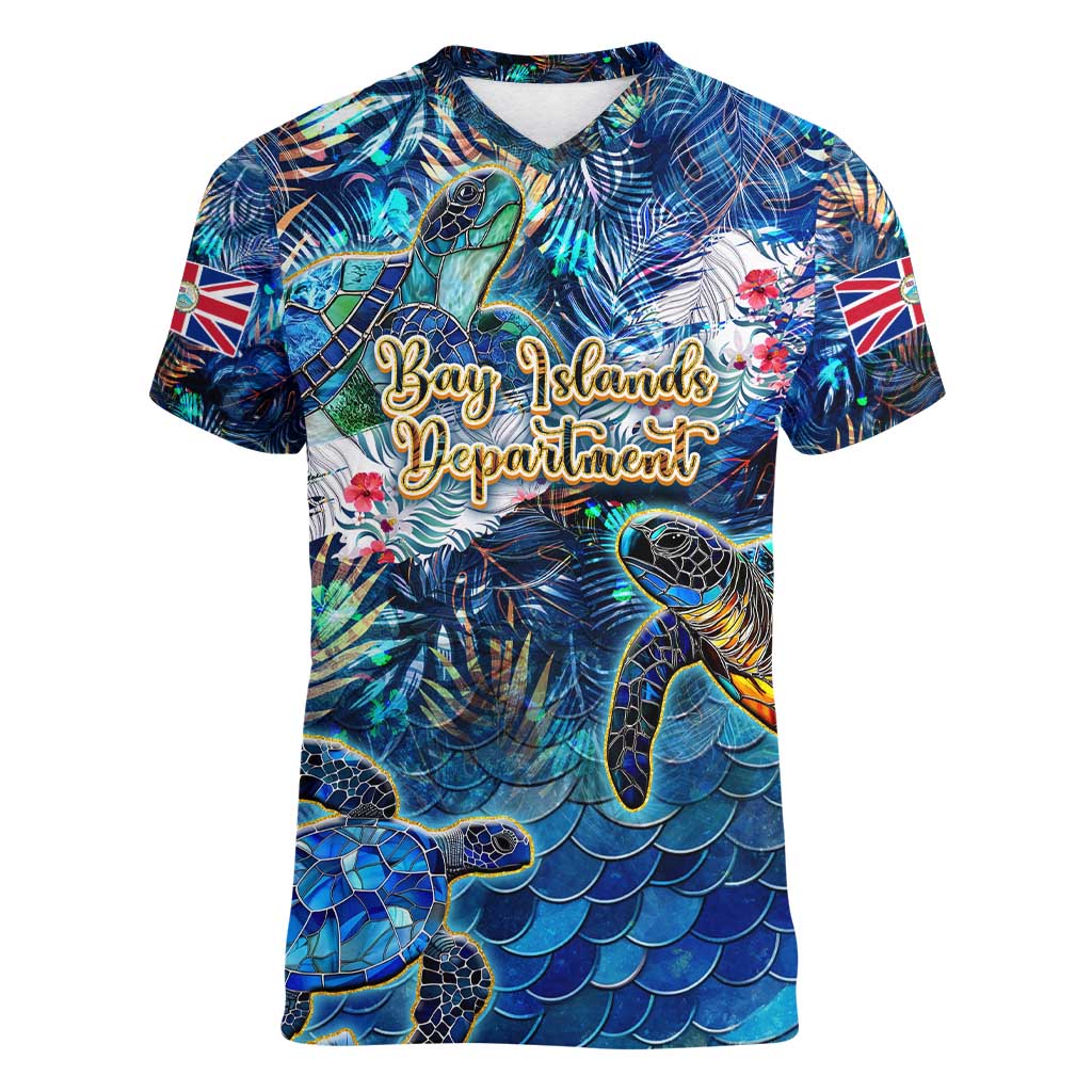 Bay Islands Department Women V-Neck T-Shirt Sea Turtle Tropical Pattern - Wonder Print Shop