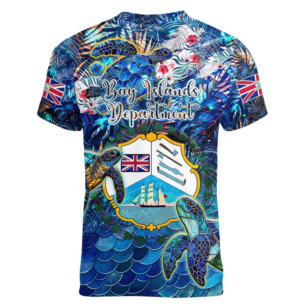 Bay Islands Department Women V-Neck T-Shirt Sea Turtle Tropical Pattern - Wonder Print Shop