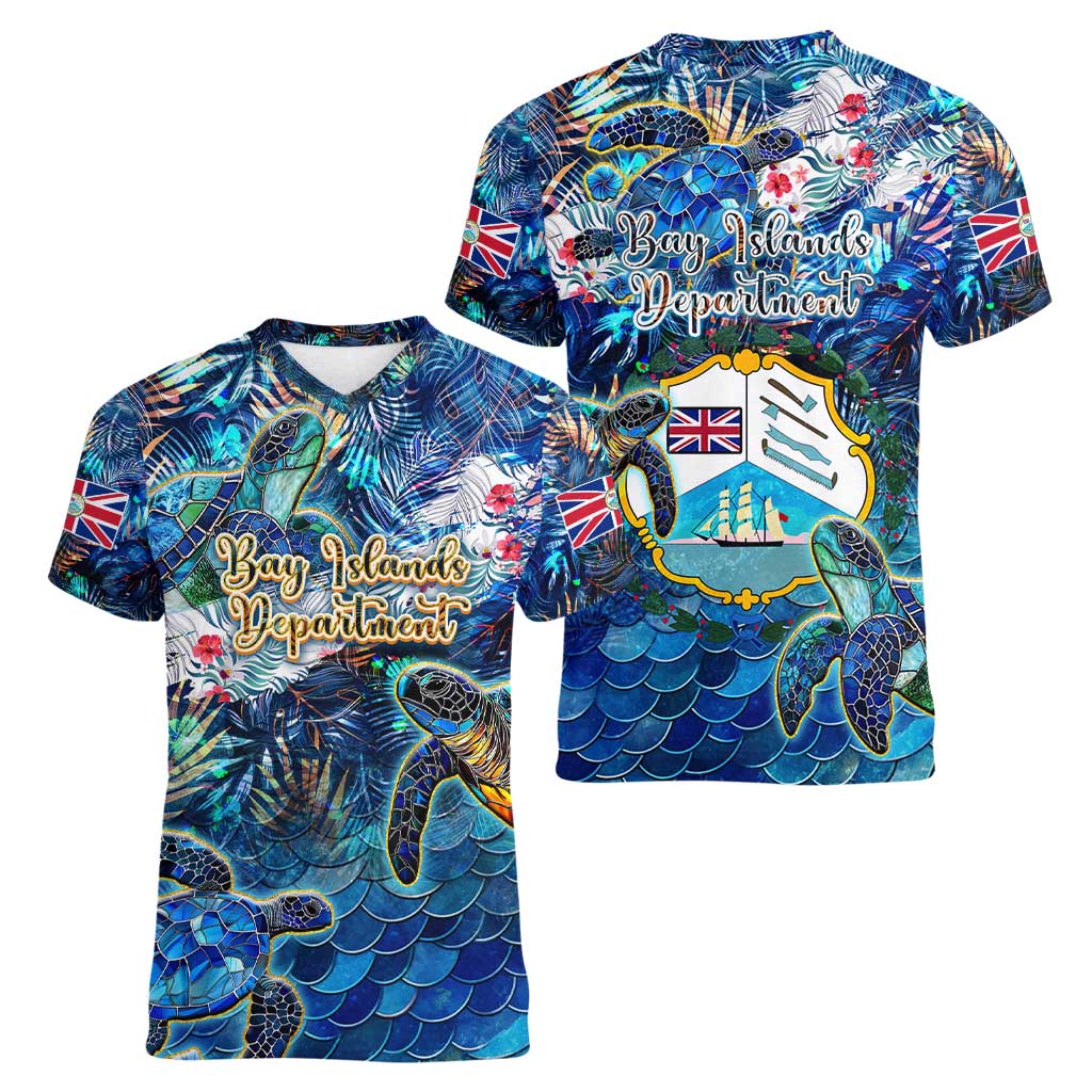 Bay Islands Department Women V-Neck T-Shirt Sea Turtle Tropical Pattern - Wonder Print Shop
