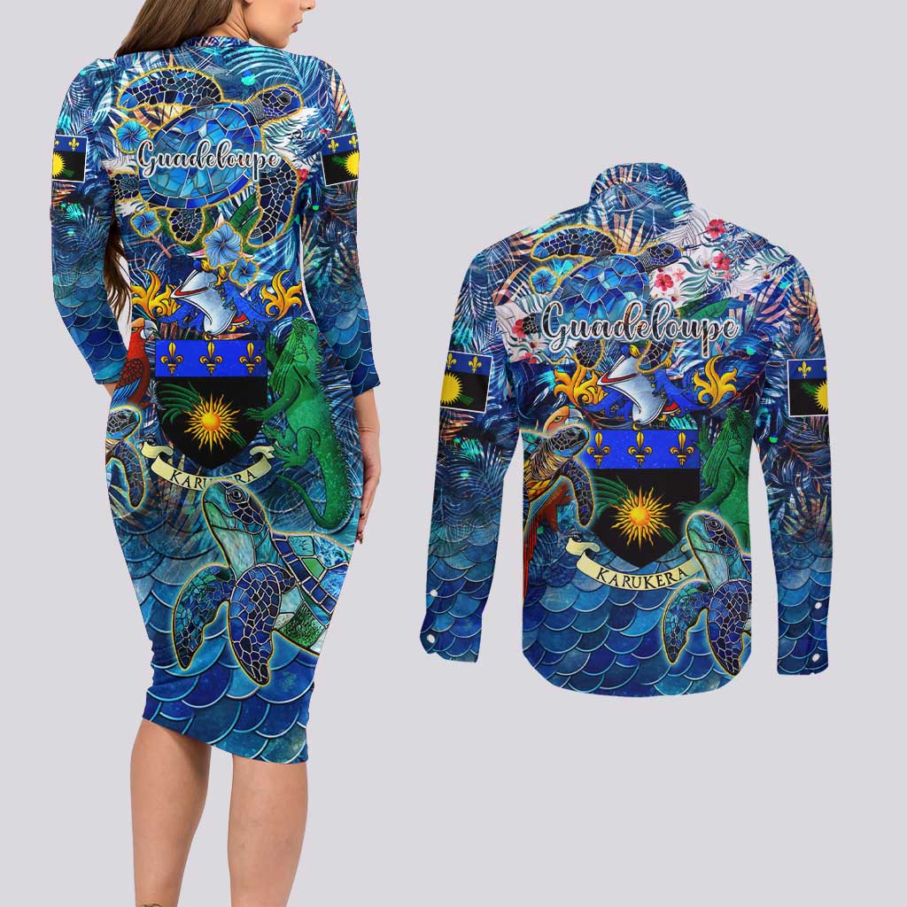 Guadeloupe Couples Matching Long Sleeve Bodycon Dress and Long Sleeve Button Shirt Sea Turtle Tropical Pattern