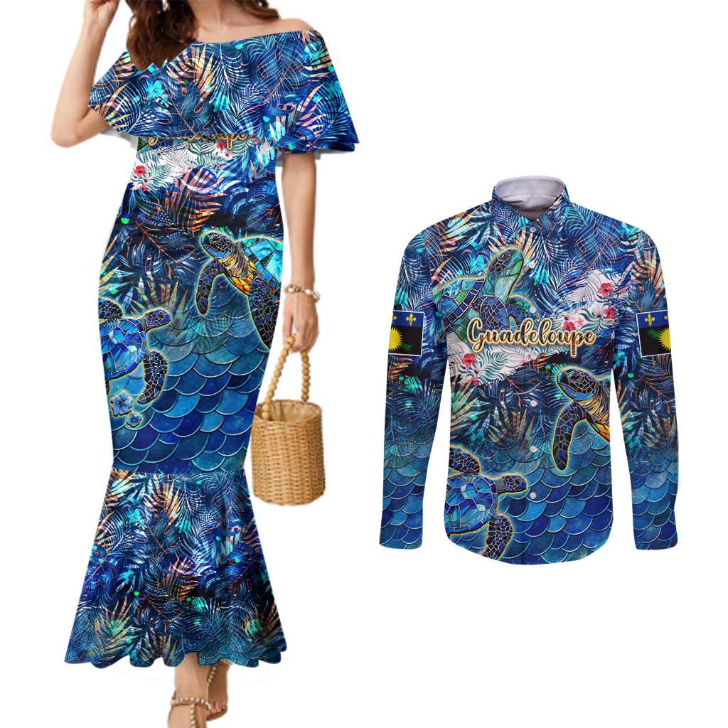 Guadeloupe Couples Matching Mermaid Dress and Long Sleeve Button Shirt Sea Turtle Tropical Pattern
