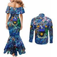 Guadeloupe Couples Matching Mermaid Dress and Long Sleeve Button Shirt Sea Turtle Tropical Pattern